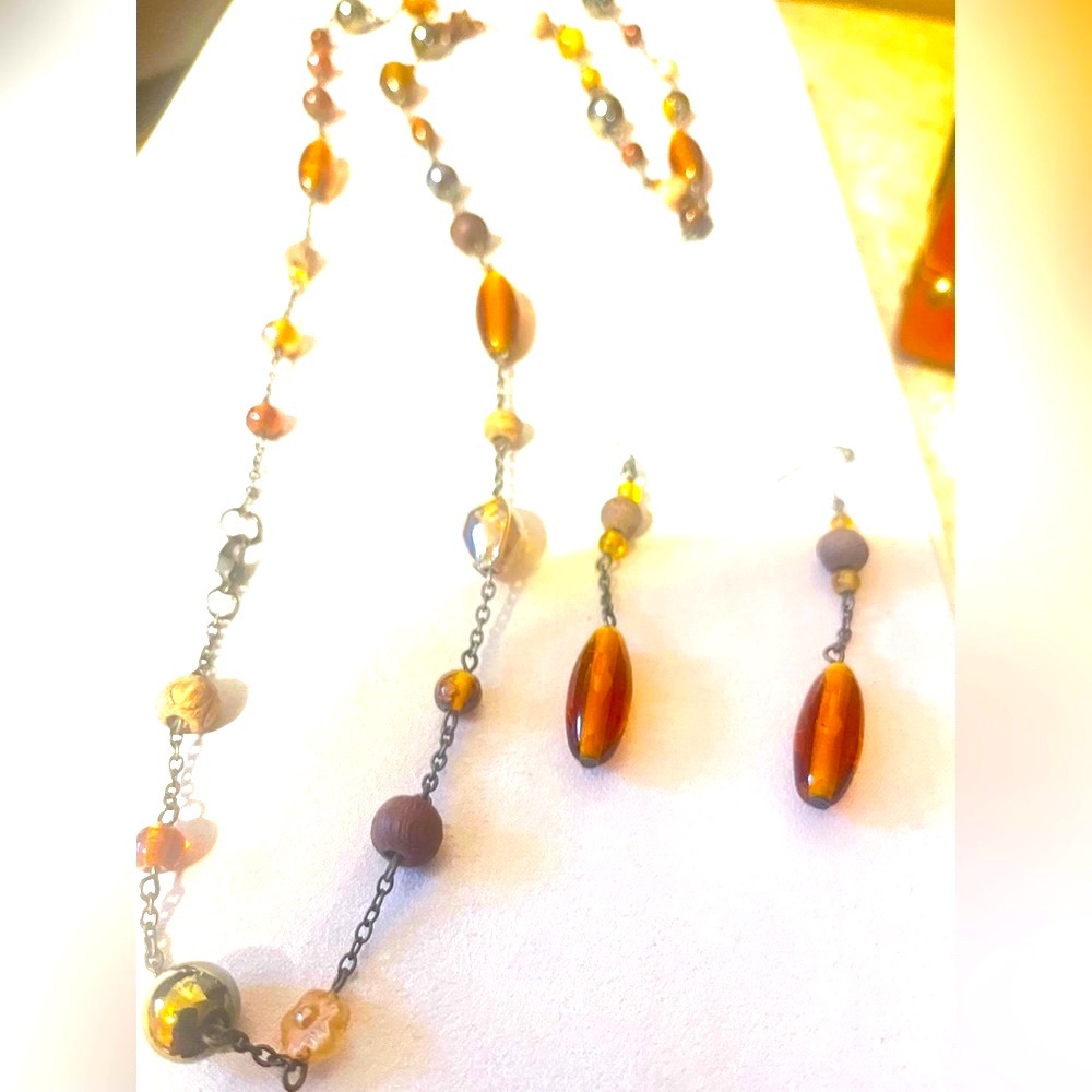 Long Tortoise color Beaded Necklace and Earring Set